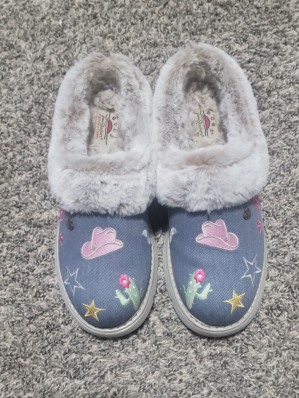 BOBS from Skechers Blue Denim Slippers with Cowgirl Embroidered  Motif Womens 7